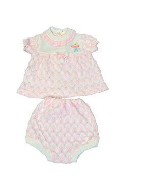Vintage Soft Spun Baby Knit Sweater Bloomer Set Pink White 6-12M Made Japan 80s